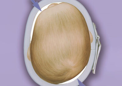 An den markierten Stellen wächst der Kopf des Kindes in die Kopforthese und korrigiert sich so auf natürlichem Wege.